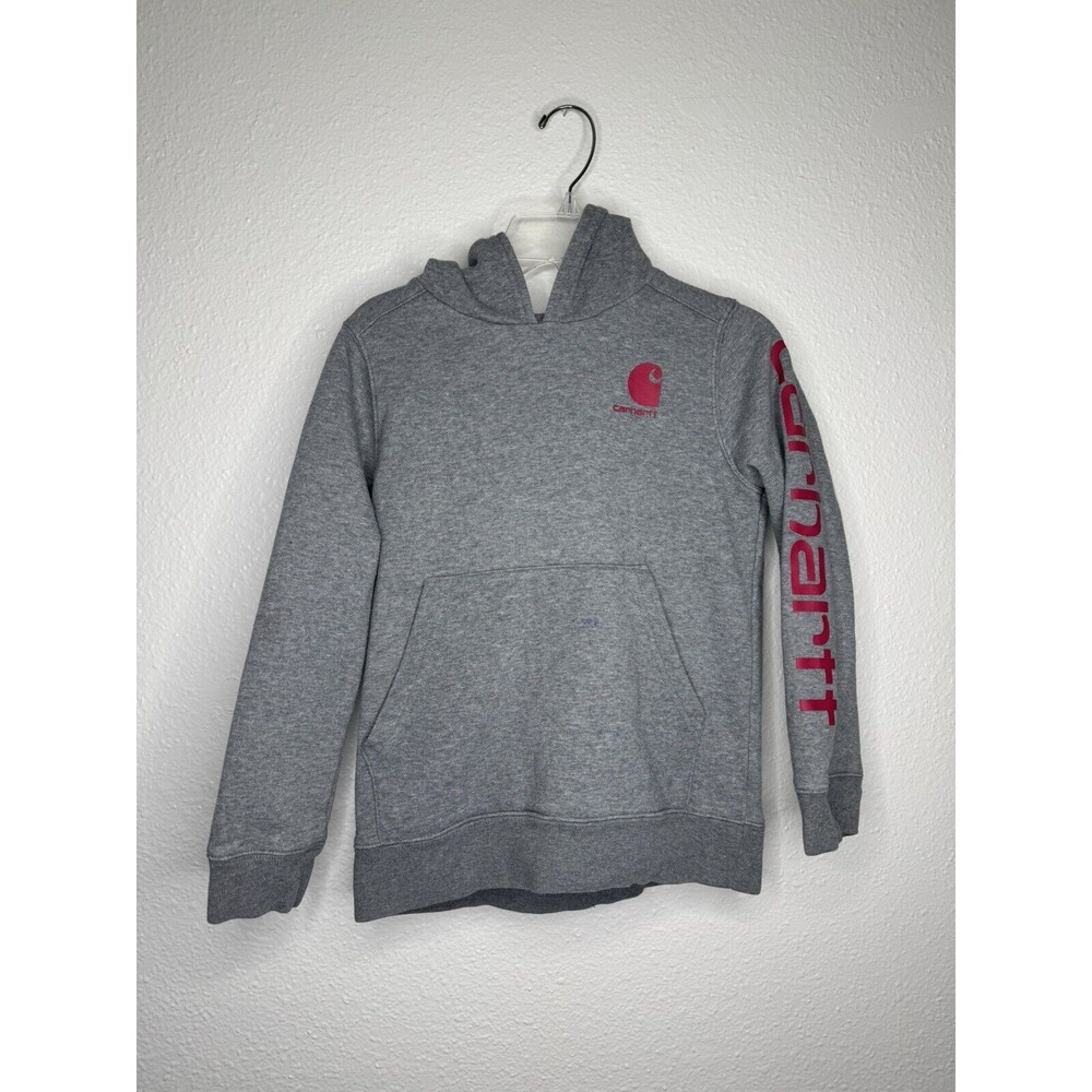 Girls Light Gray Pink Red Carhartt Hoodie Size 10 M Graphic Sweatshirt Logo